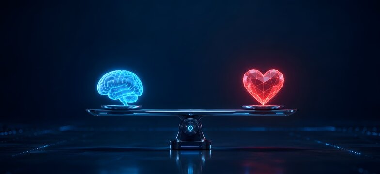 Glowing Digital Blue Brain and Red Heart on Seesaw Scale Conceptualizing Emotional Intelligence and Rational Thinking
