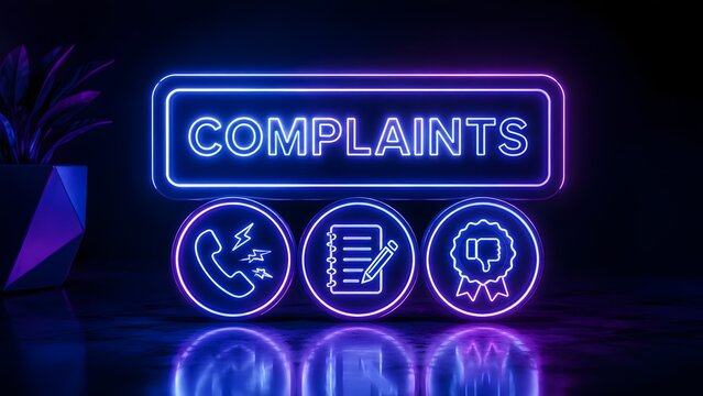 Glowing neon complaints sign with icons for angry phone calls written feedback and negative reviews representing modern customer dissatisfaction management