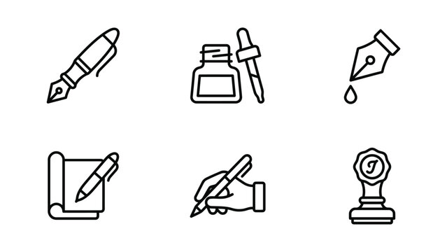 Collection Of Line Art Icons Depicting Writing Tools And Awards On A White Background