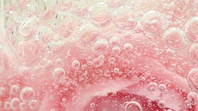 Serum gel texture on pink rose flower and bubbles, transparent cream background