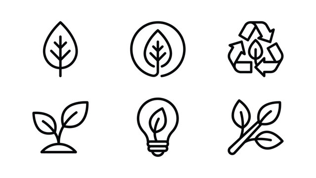 Line Icons Featuring Leaf Recycling Symbol Sprout And Lightbulb Elements On White Background botanical
