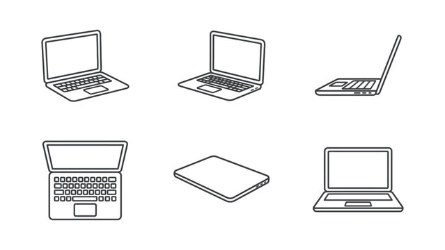 Laptop Computers Black Line Art Icons On A White Background Various Perspectives Shown notebook