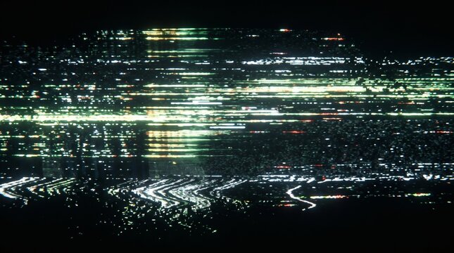 Abstract digital glitch art of a city skyline at night with horizontal light streaks and static interference.