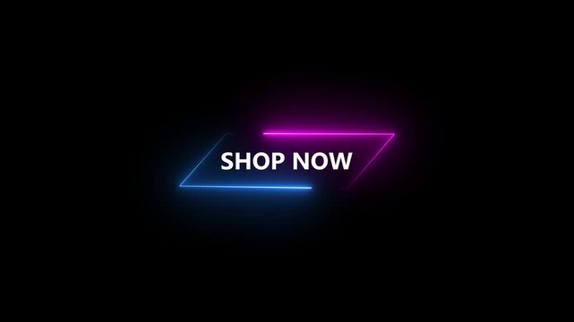 neon shop now button animation on black background with glowing pink and blue frame, 4k motion graphics