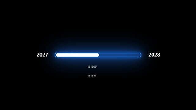 Futuristic progress bar loading animation with 2027 to 2028 year transition and monthly timeline on black background, 4K motion graphics