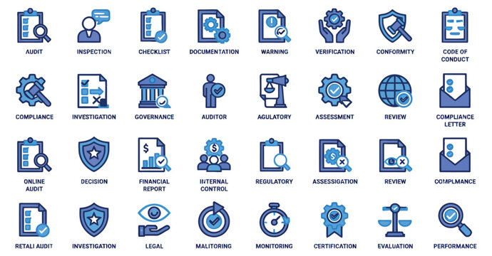 Audit and Compliance Icon Set Vector &ndash; Business, Risk Management and Regulatory Line Symbols