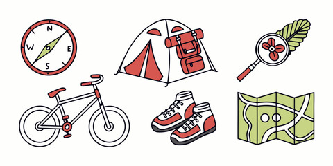 Set of five outdoor adventure compass, bicycle, hiking boots, backpack, and tent © AE