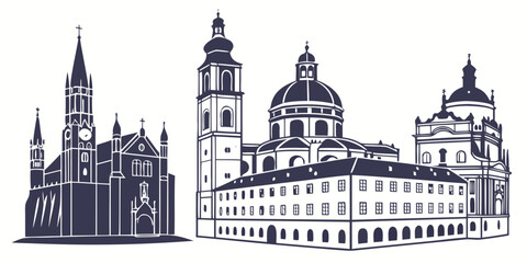 Set of five european architectural landmarks with domes and spires, black and white line architecture © AE
