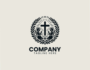 Obraz premium Christian baptism cross with praying angels wreath black vector logo illustration style