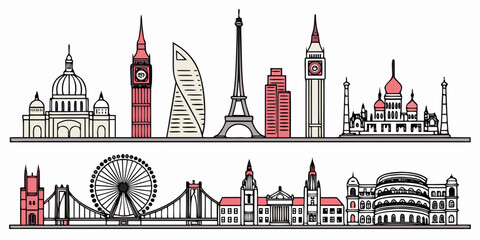 Set of 50 city skyline silhouettes with iconic landmarks, white background, buildings towers domes © AE