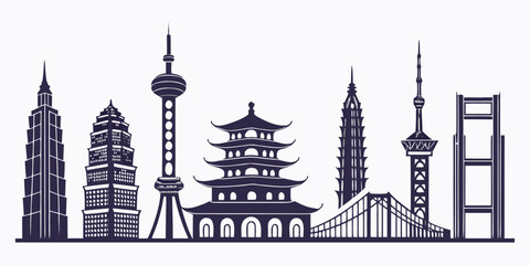 Set of five iconic asian landmarks with intricate architectural details on white background architecture © AE
