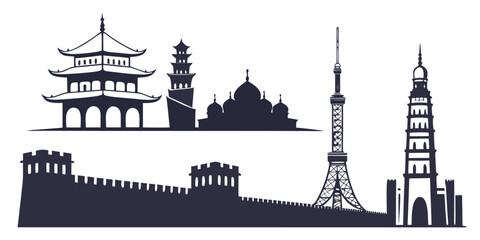 Set of five iconic asian landmarks, including pagodas, temples, and skyscrapers, on white background © AE