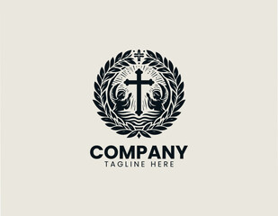 Obraz premium Christian baptism cross with praying angels wreath black vector logo illustration style
