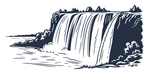 Black and white silhouetted waterfalls cascading down rocky cliffs © AE