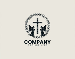 Obraz premium Christian baptism cross with praying angels wreath black vector logo illustration style
