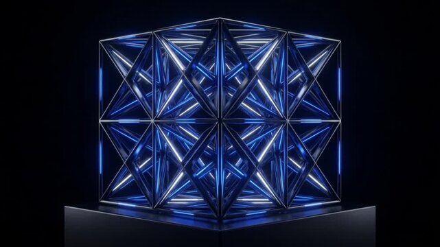 漆黒の空間で青と白の光を周期的に放つ3D結晶格子の抽象的CGアニメーション