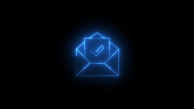 Glowing neon mail with checkmark icon animation, mail success notification, digital communication, message confirmation, business interface, 4K