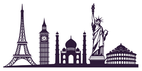 Obraz premium Black and white of famous landmarks on white background, monuments big ben clock tower