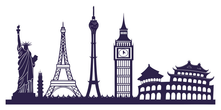 Black and white line of five famous landmarks line landmarks eiffel tower leaning tower of pisa big ben