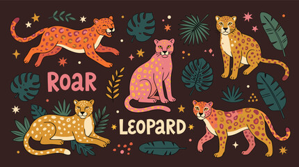 Whimsical cartoon leopards in vibrant colors surrounded by tropical leaves and starry elements © Amirul