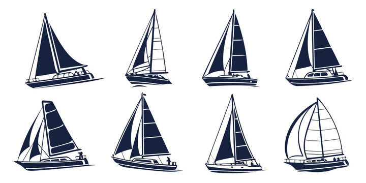Set of five sailing boats with white sails on white background, view sailboats white hulls