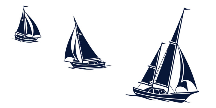 Set of three sailing boats with white sails on a white background, sailboat mast hull