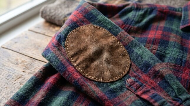 Close-up of a plaid shirt mockup with leather patch on a wooden surface