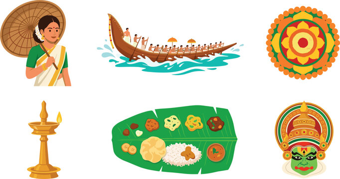 Onam Festival Vector Set with Traditional Kerala Woman, Vallam Kali Snake Boat Race, Kathakali Mask, Pookalam, Sadya Feast, and Nilavilakku Oil Lamp Element Designs