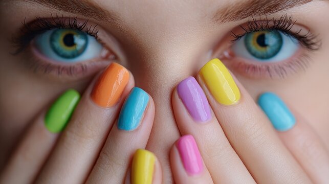 Womans eye with colorful manicure