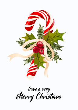 Christmas candy cane illustration with holly leaves, red berries, pine sprigs and ribbon bow, festive Merry Christmas greeting card design isolated
