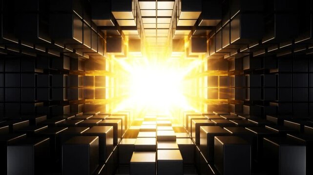 漆黒の空間で黄金と白の閃光を放つ量子バッテリーの抽象的CG映像