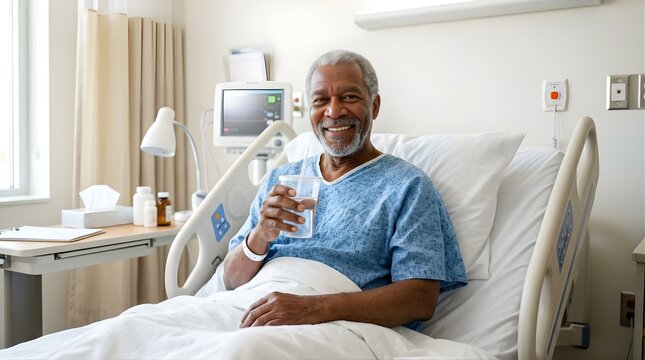 Happy senior man sitting in hospital bed drinking water from a plastic cup
