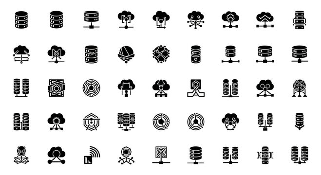 Cloud Computing and Network Server Icons Set - Data Storage, Connection, Technology