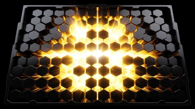漆黒の空間で黄金と白の閃光を放つ量子バッテリーの抽象的CG映像
