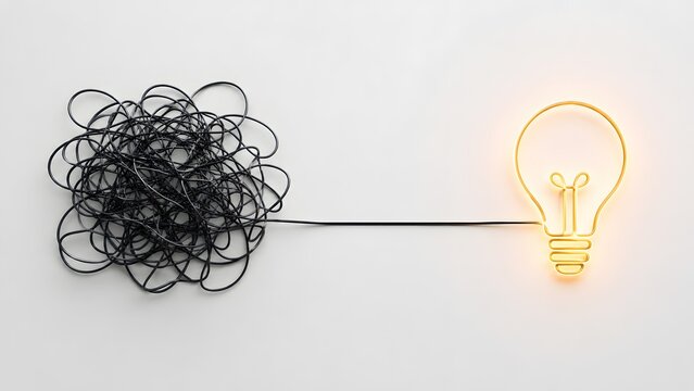Creative business idea and innovation concept with tangled messy wire transforming into a bright glowing yellow light bulb, solving complex problems with brilliant solutions.