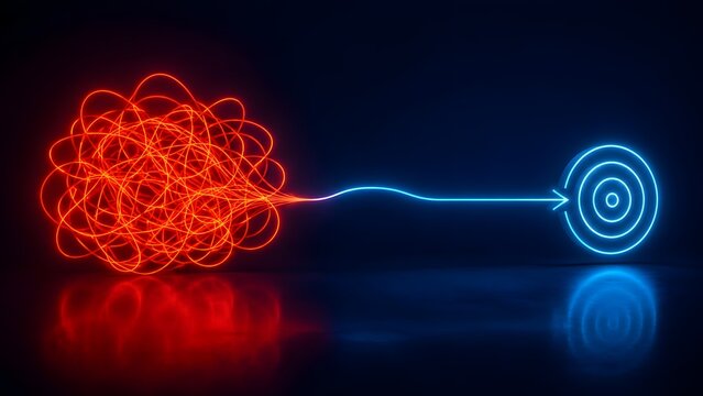 Achieving business goals and targets with glowing neon red tangled lines transforming into a precise blue arrow hitting the bullseye, strategic planning and success.