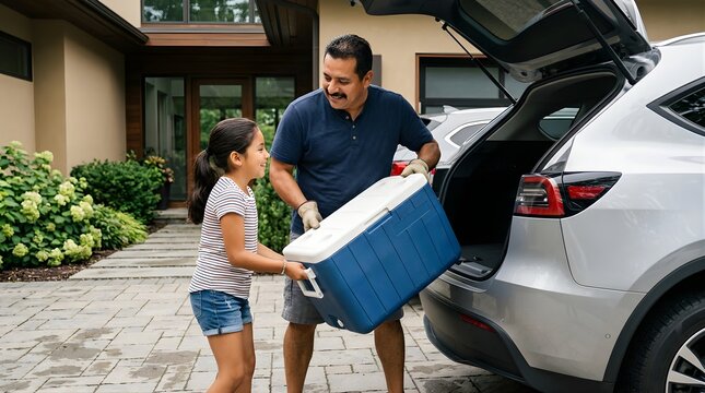 Hispanic father and daughter loading a blue cooler into car trunk at home