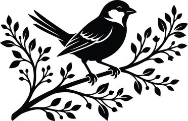 Bird on Branch Silhouette Vector Cute Songbird Perched on Tree Twig Icon Isolated on White Background © MDSALAM