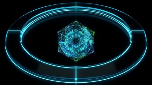 漆黒の背景で2Dリングからシアン色の3Dホログラムが投影される抽象的CG映像