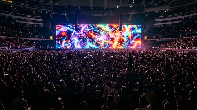 Large crowd watching a colorful light show display at an indoor concert
