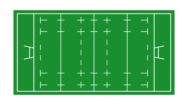 Rugby Field Top View - Green Grass with White Lines and Goal Posts