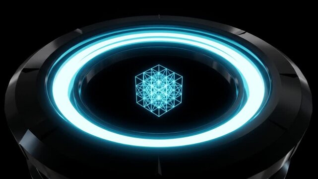 漆黒の背景で2Dリングからシアン色の3Dホログラムが投影される抽象的CG映像