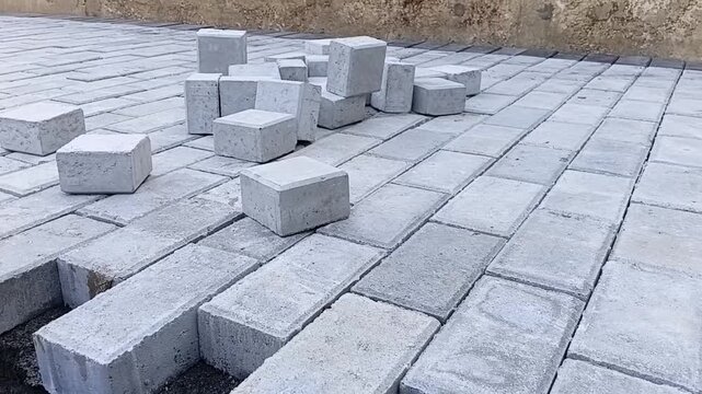 Close Up Shot of Manual Interlocking Concrete Paver Block Installation in Sri Lanka, Professional Masonry Construction Site Detail