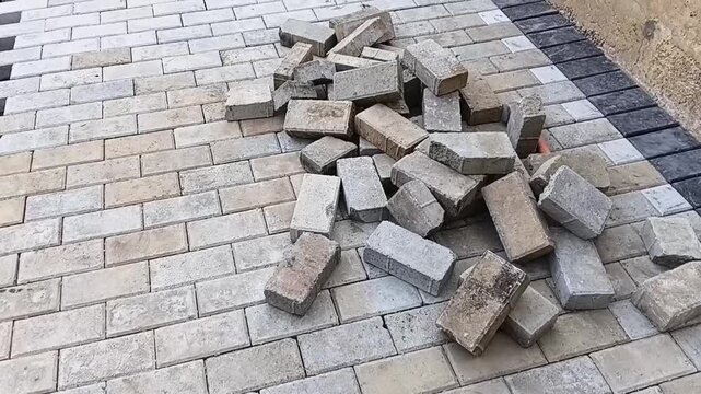 Manual Installation of Interlocking Concrete Paver Blocks in Sri Lanka, Wide Angle Shot of Road Construction Site with Scattered Stone Blocks