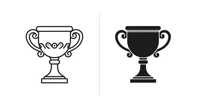 Set of two trophy cup icons, one outline style and one solid black silhouette