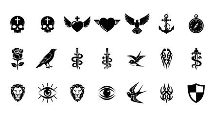 Obraz premium Collection of Black Silhouette Icons: Skulls, Hearts, Animals, Symbols, and More