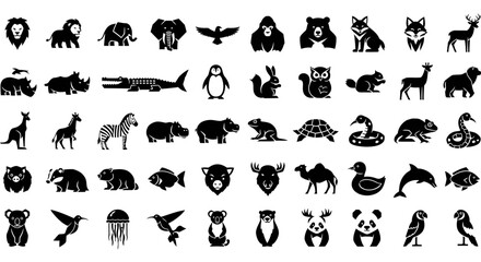 Fototapeta premium Collection of Diverse Animal Silhouettes Icons Set