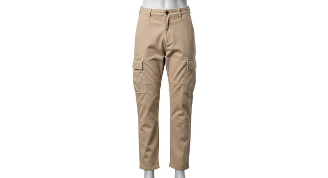 Khaki cargo pants on a mannequin.