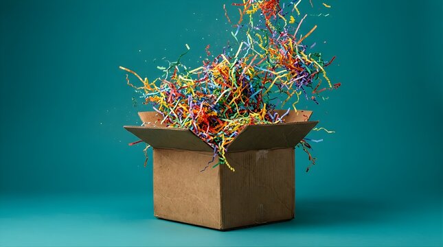 Multi-colored confetti exploding from a cardboard box on blue background