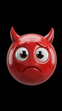 Vertical video of sad red devil emoji with horns and remorseful expression on black background